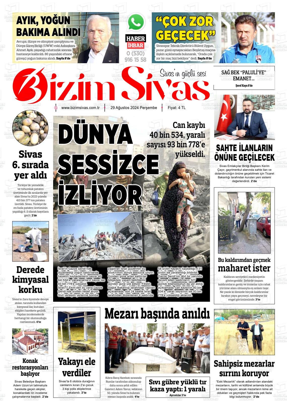 29 Ağustos 2024 Bizim Sivas Gazete Manşeti