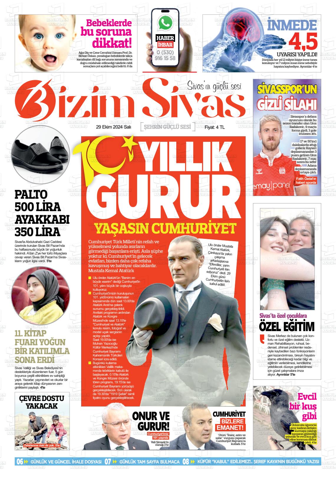 29 Ekim 2024 Bizim Sivas Gazete Manşeti