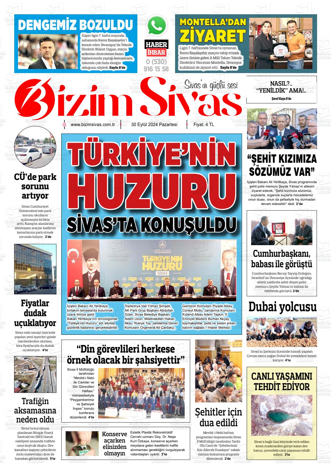 30 Eylül 2024 Bizim Sivas Gazete Manşeti