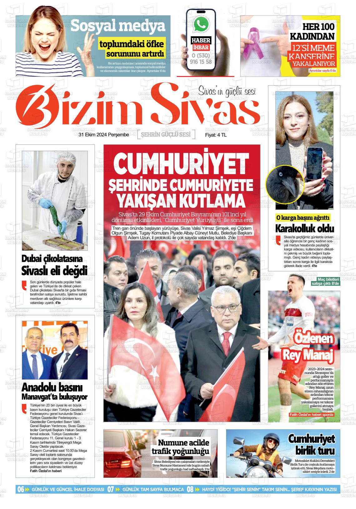 31 Ekim 2024 Bizim Sivas Gazete Manşeti