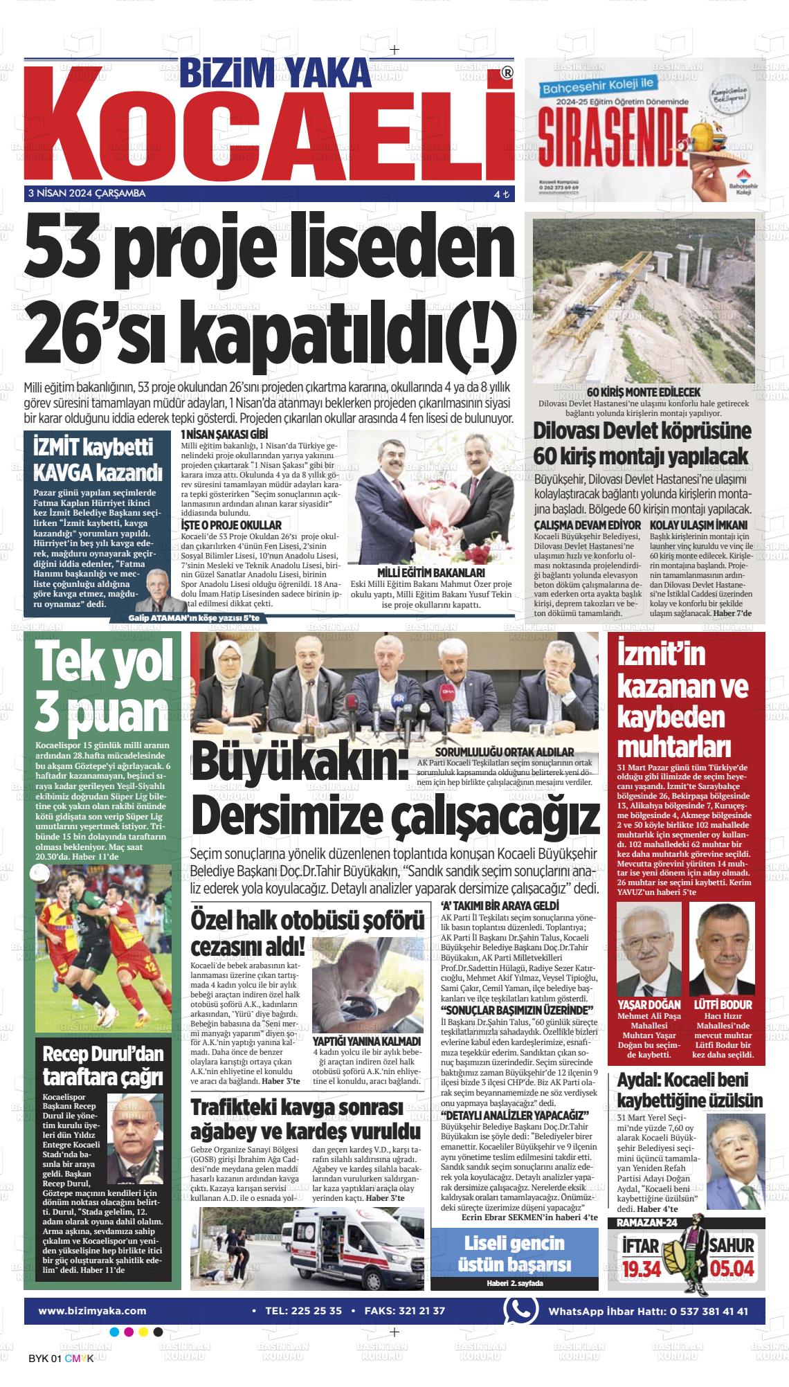 03 Nisan 2024 Bizim Yaka Gazete Manşeti