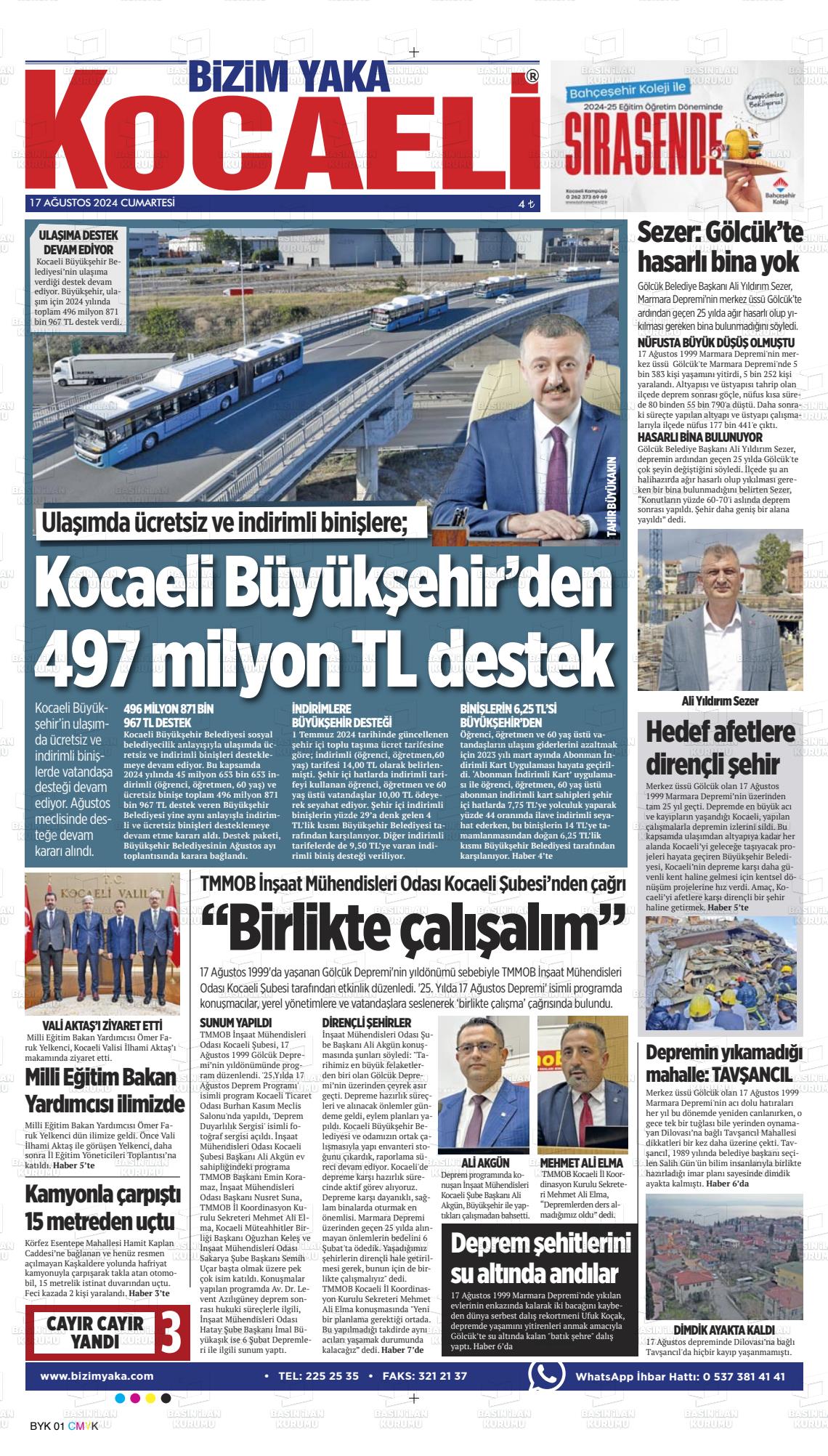 17 Ağustos 2024 Bizim Yaka Gazete Manşeti