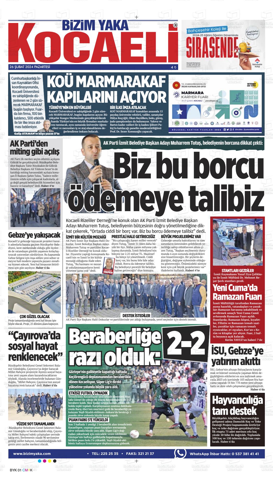 26 Şubat 2024 Bizim Yaka Gazete Manşeti