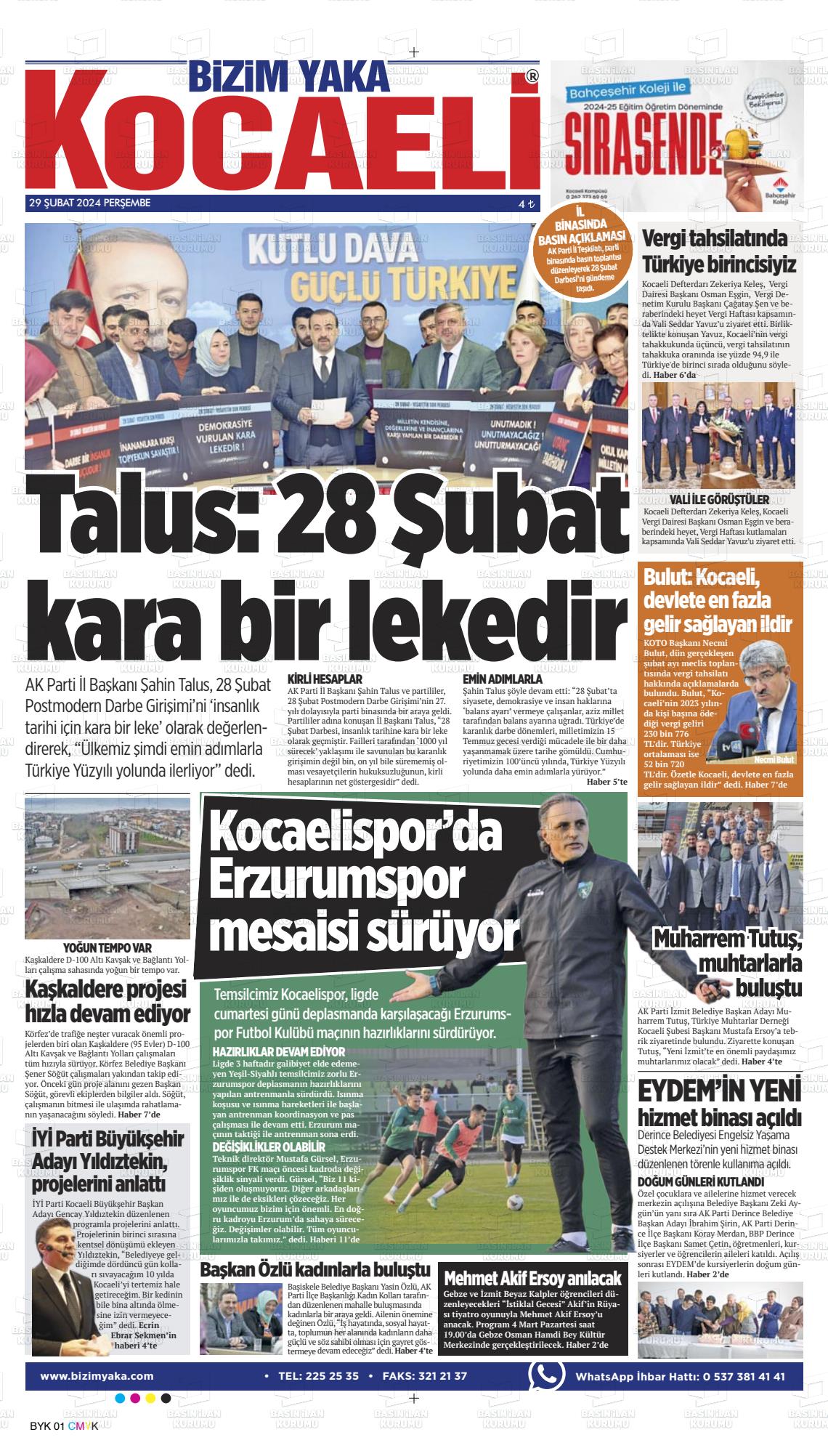 29 Şubat 2024 Bizim Yaka Gazete Manşeti