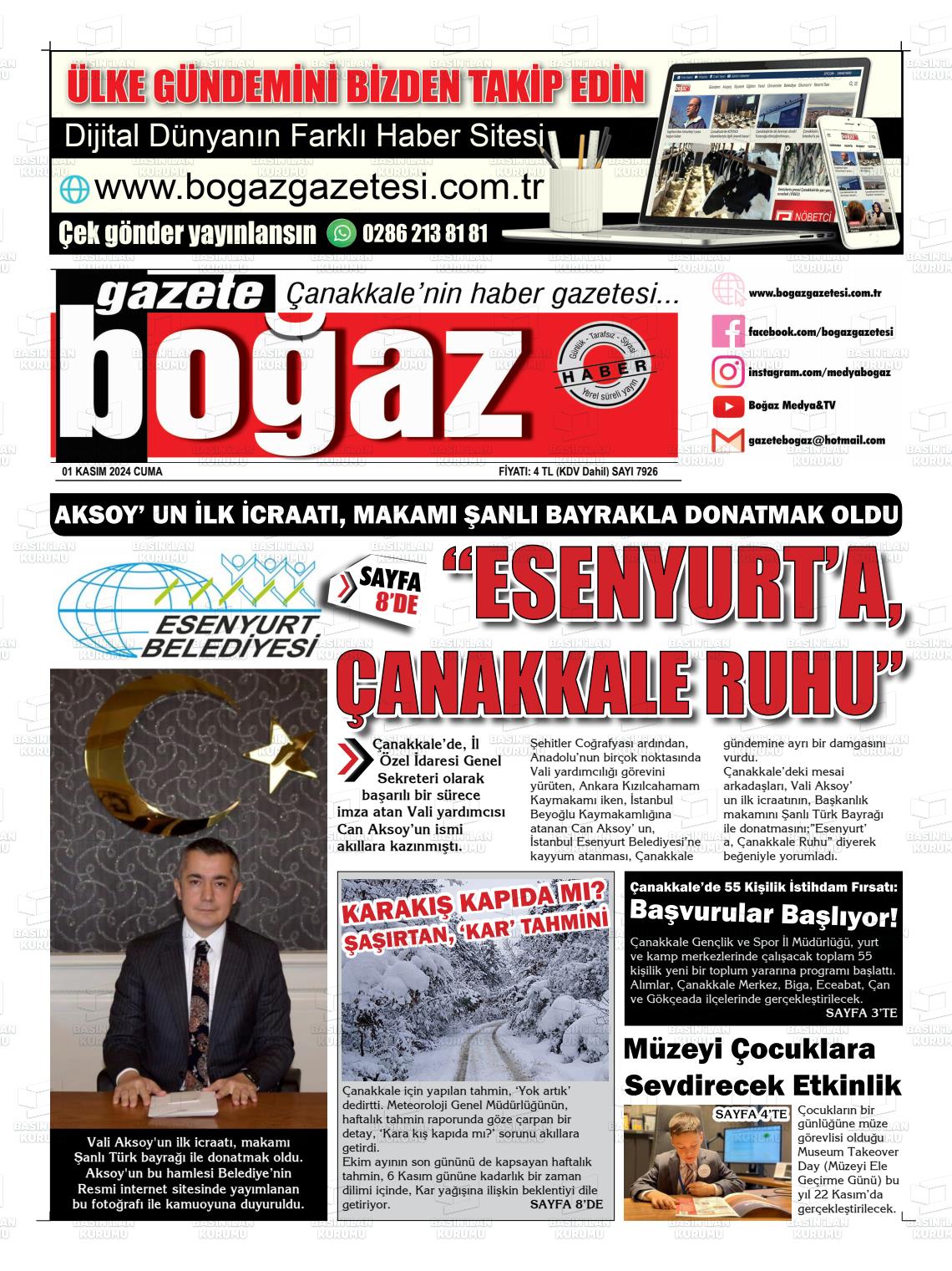 01 Kasım 2024 Bogaz Gazete Manşeti