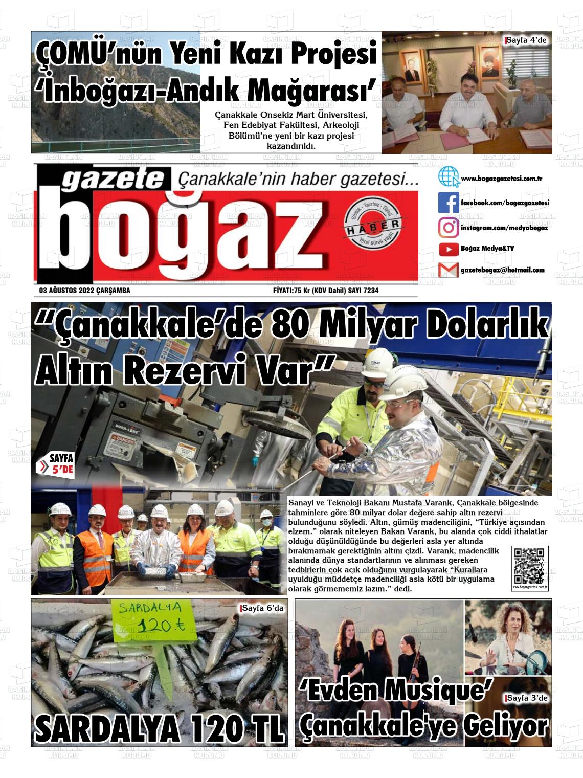 03 Ağustos 2022 Bogaz Gazete Manşeti