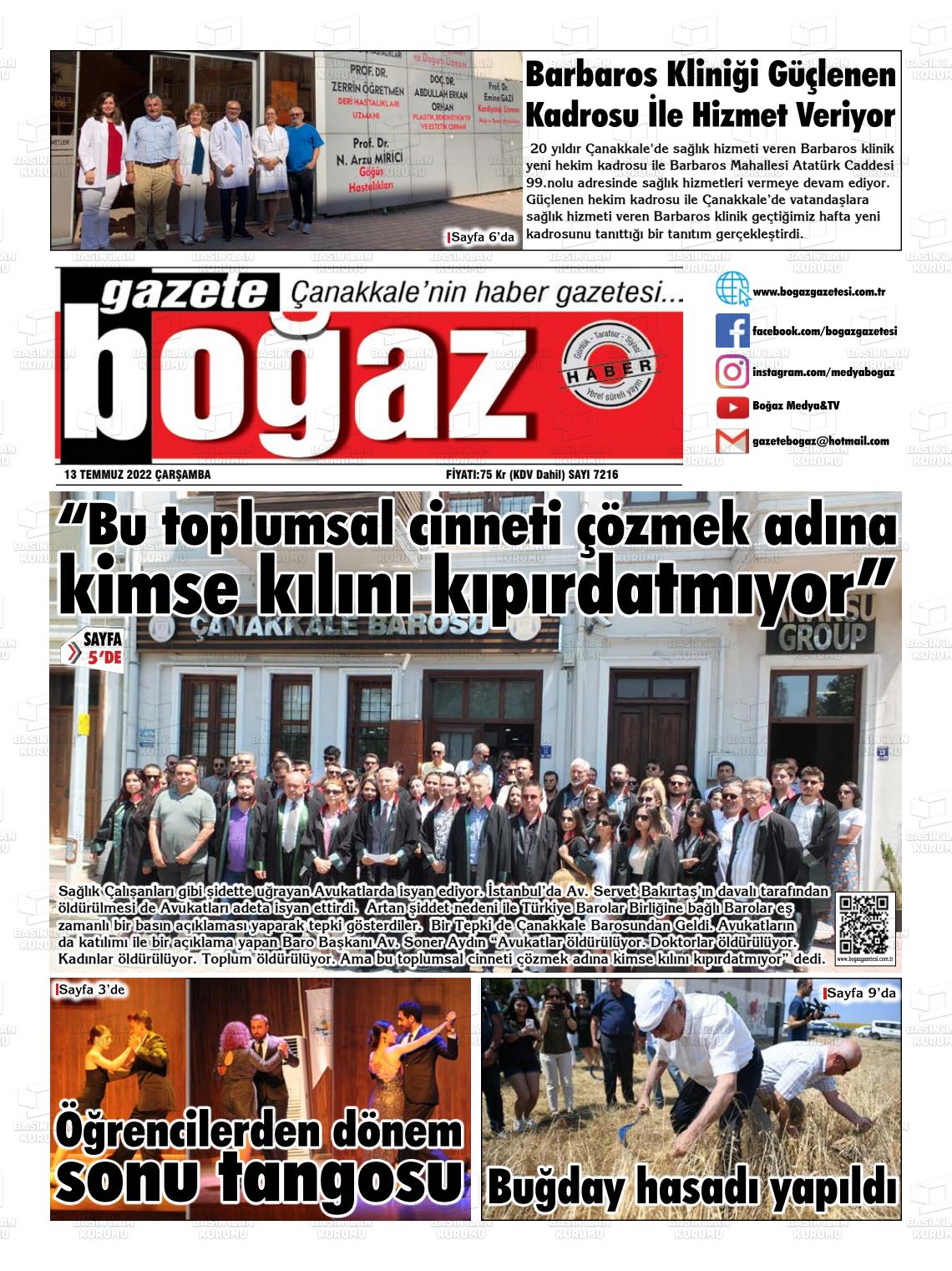 13 Temmuz 2022 Bogaz Gazete Manşeti