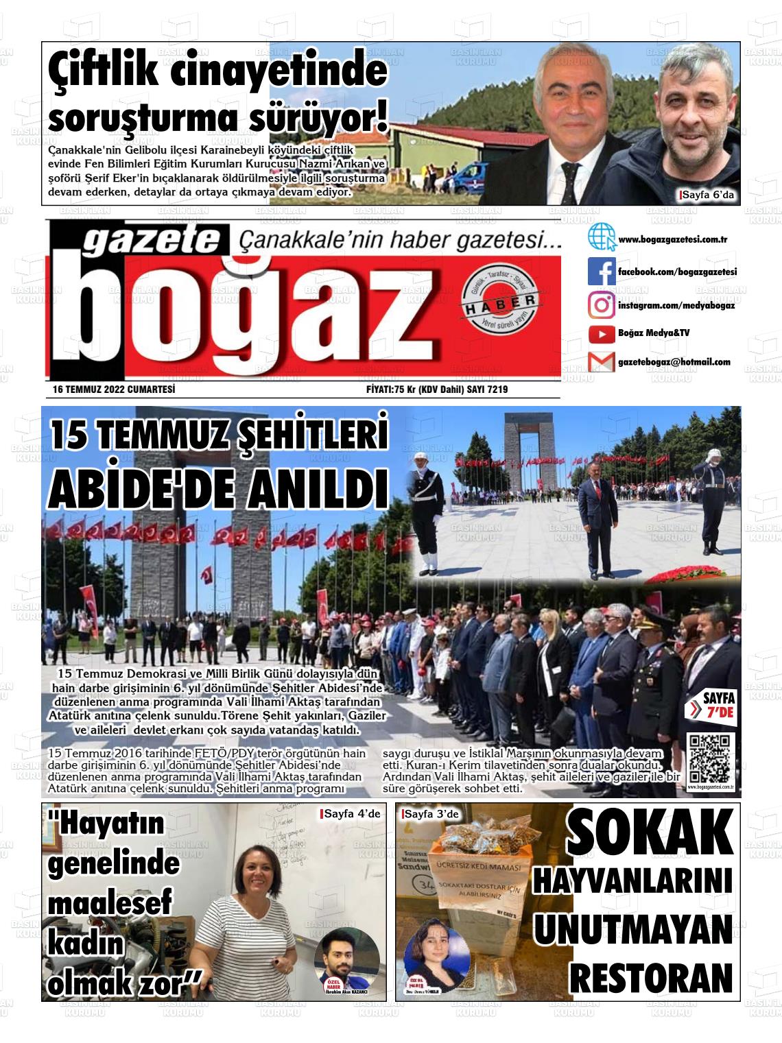 16 Temmuz 2022 Bogaz Gazete Manşeti