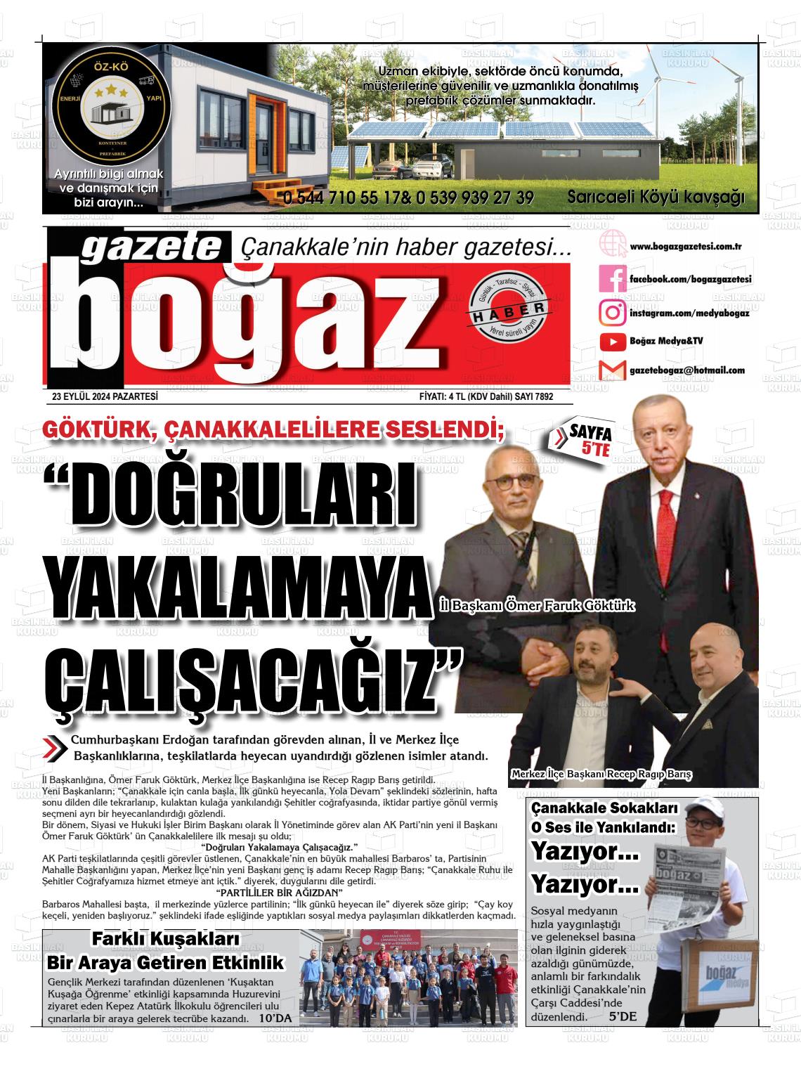 23 Eylül 2024 Bogaz Gazete Manşeti