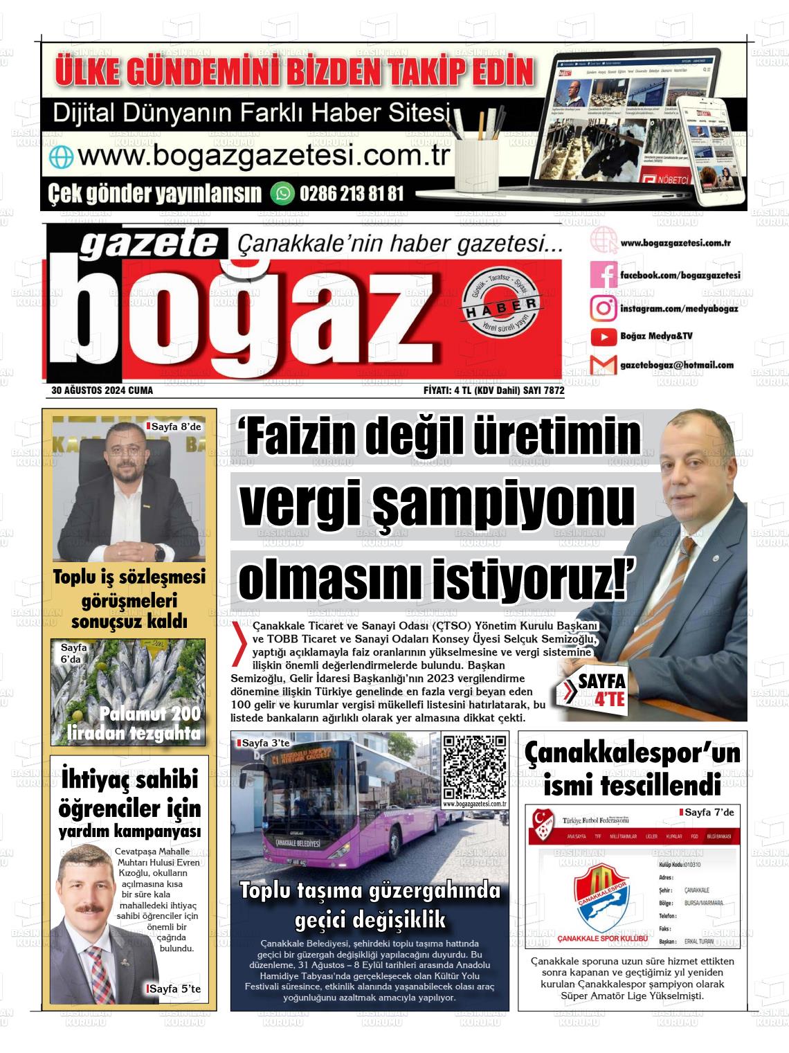 30 Ağustos 2024 Bogaz Gazete Manşeti