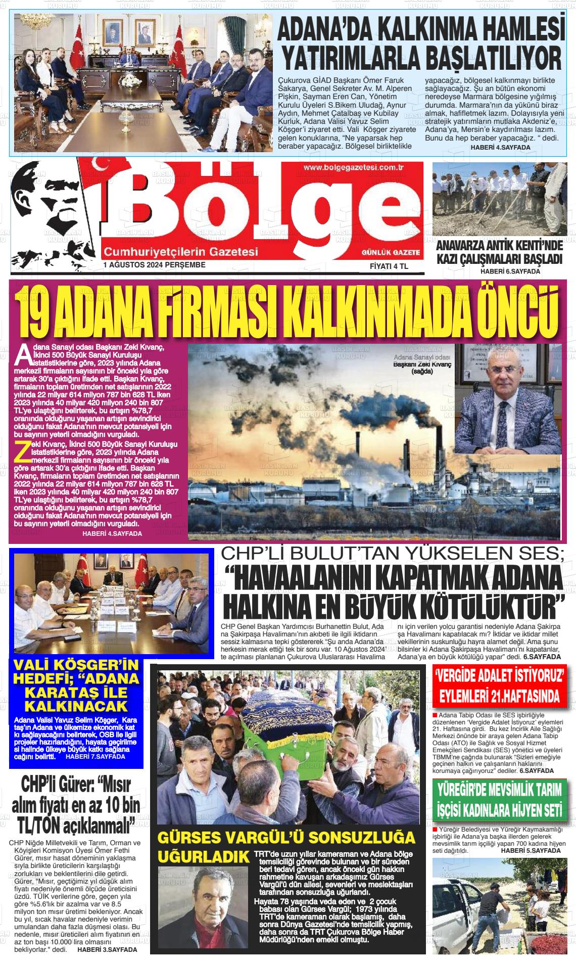 01 Ağustos 2024 Adana Bölge Gazete Manşeti