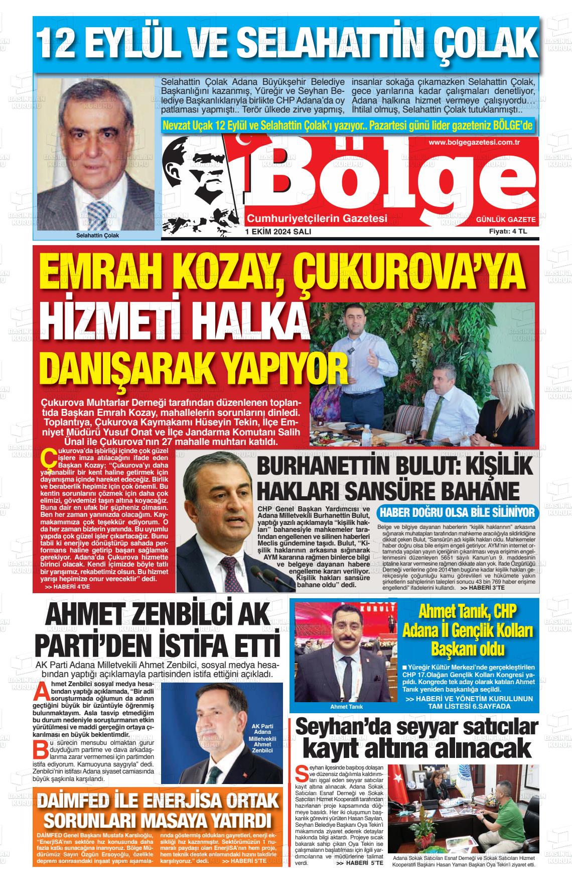 01 Ekim 2024 Adana Bölge Gazete Manşeti