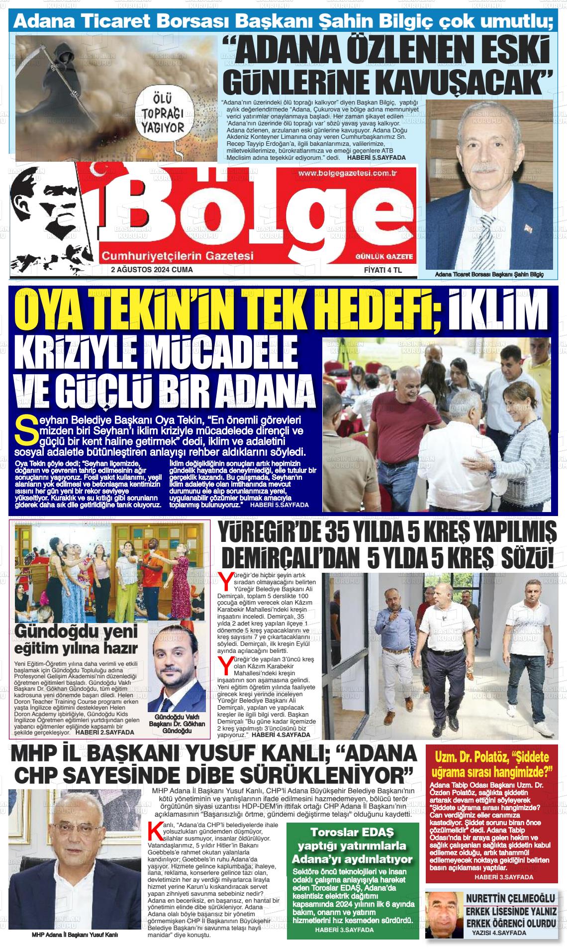 02 Ağustos 2024 Adana Bölge Gazete Manşeti