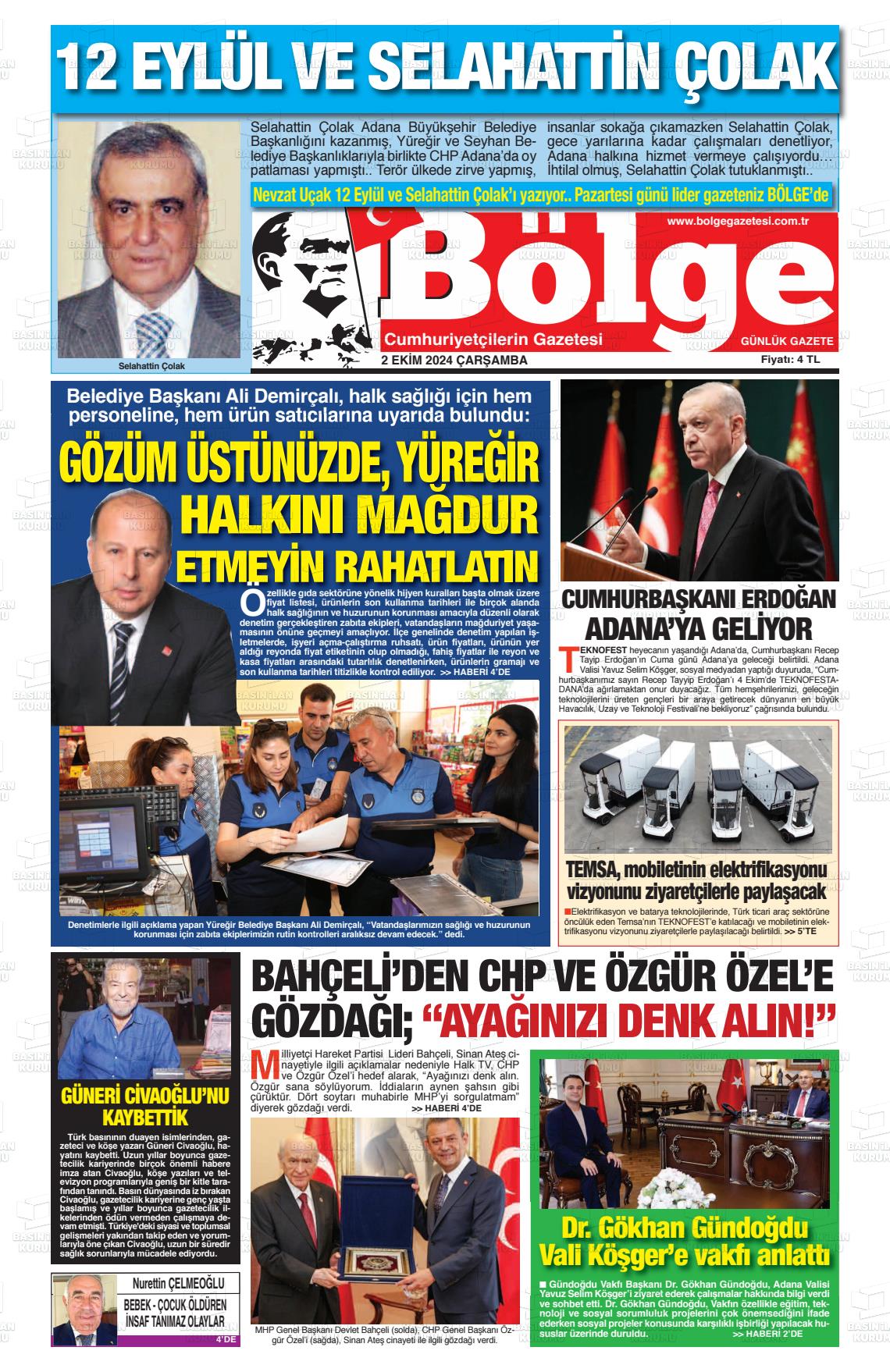 02 Ekim 2024 Adana Bölge Gazete Manşeti