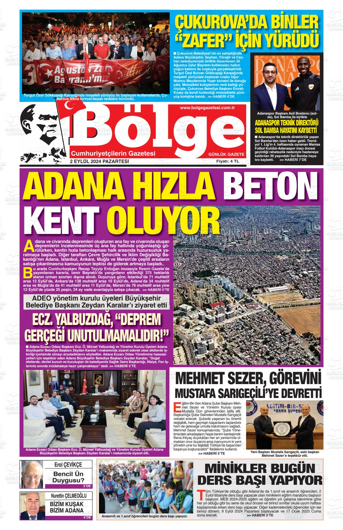 02 Eylül 2024 Adana Bölge Gazete Manşeti