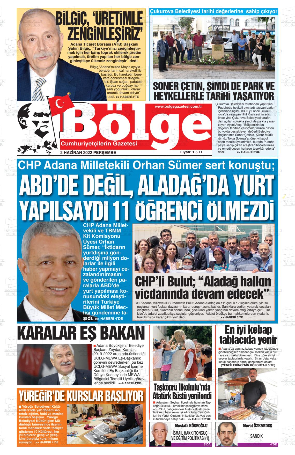 02 Haziran 2022 Adana Bölge Gazete Manşeti