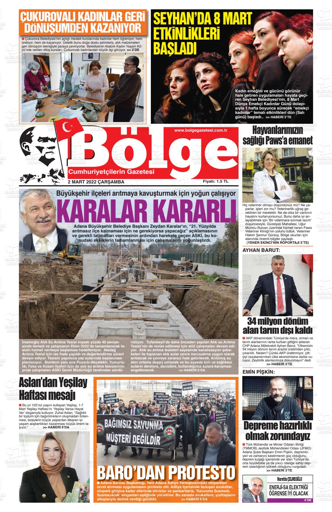 02 Mart 2022 Adana Bölge Gazete Manşeti