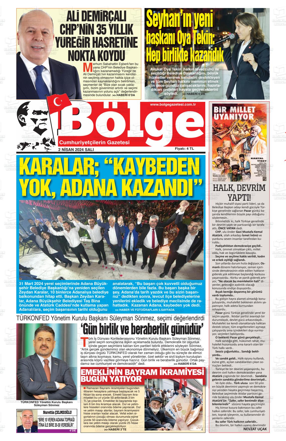 02 Nisan 2024 Adana Bölge Gazete Manşeti