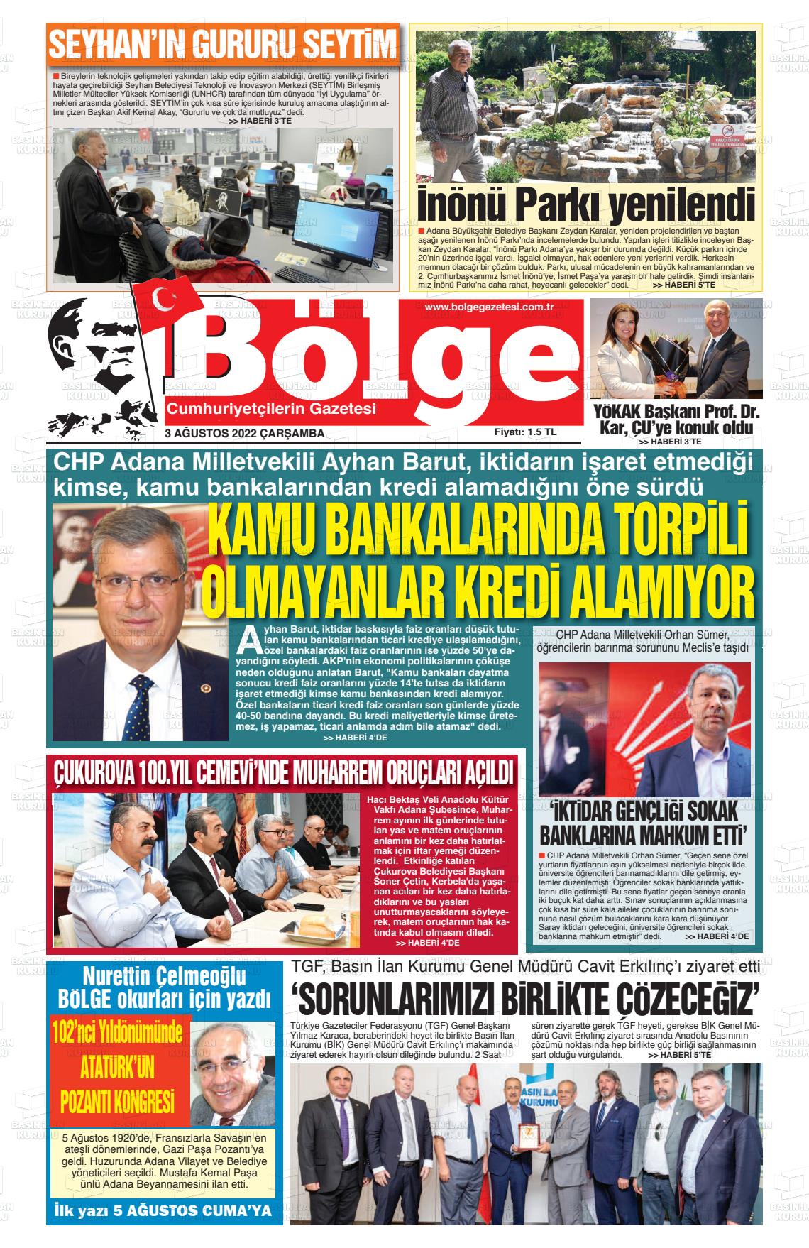 03 Ağustos 2022 Adana Bölge Gazete Manşeti