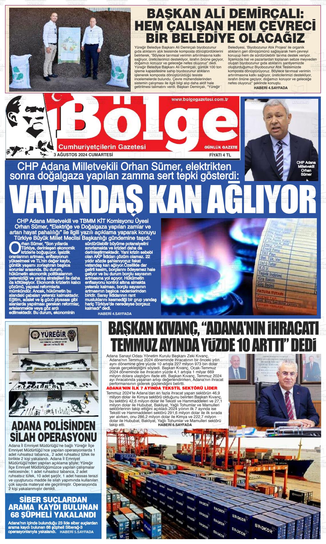 03 Ağustos 2024 Adana Bölge Gazete Manşeti