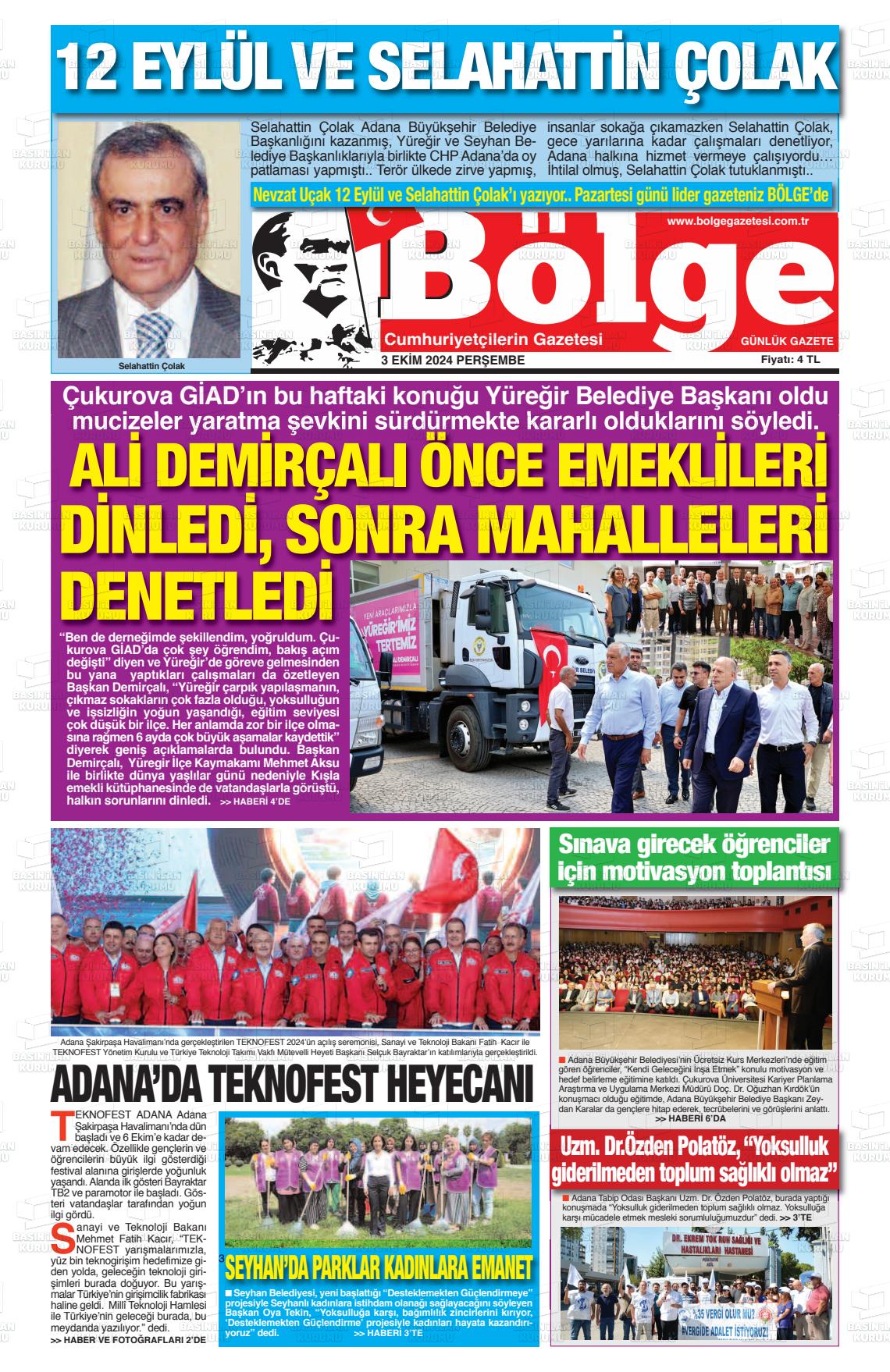 03 Ekim 2024 Adana Bölge Gazete Manşeti