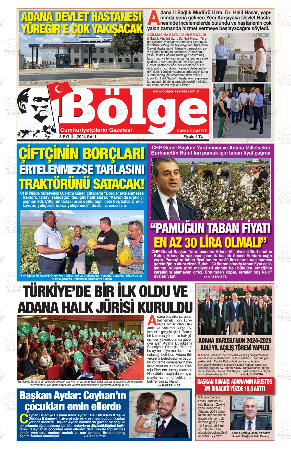 03 Eylül 2024 Adana Bölge Gazete Manşeti