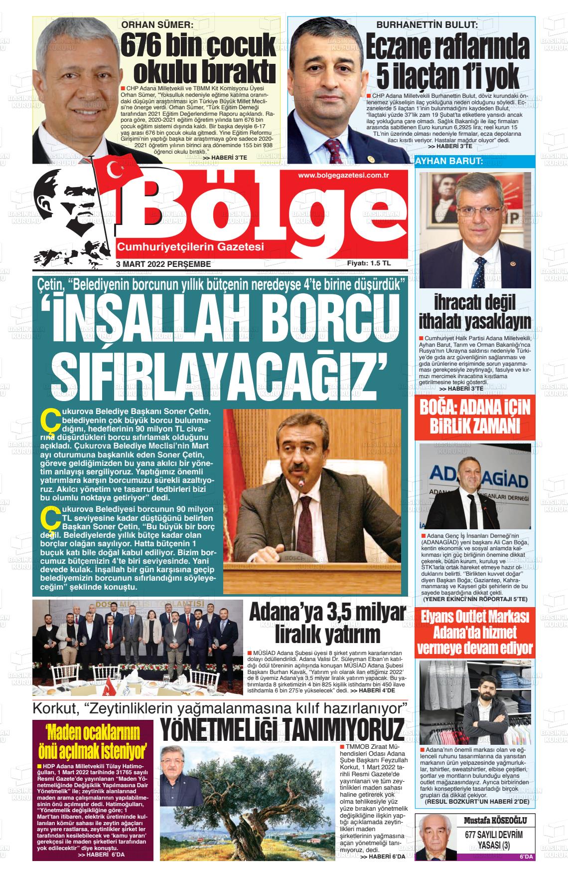 03 Mart 2022 Adana Bölge Gazete Manşeti