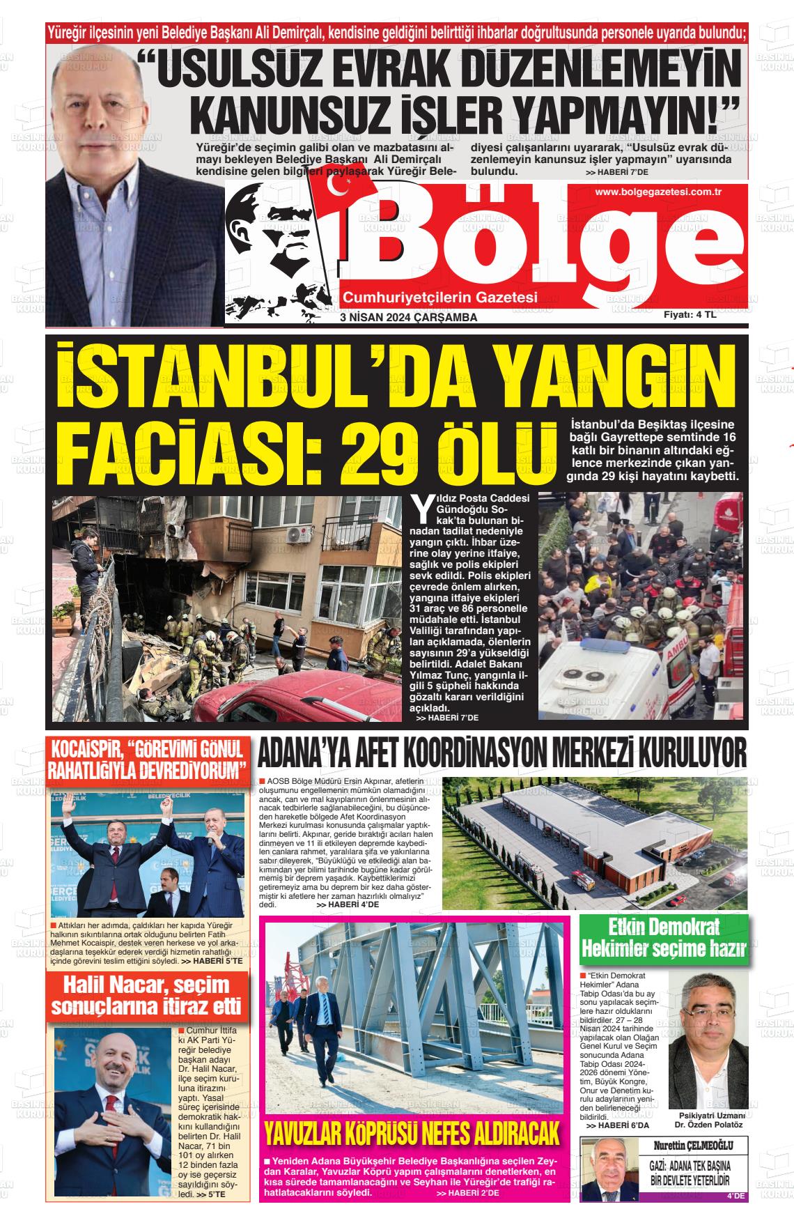 03 Nisan 2024 Adana Bölge Gazete Manşeti