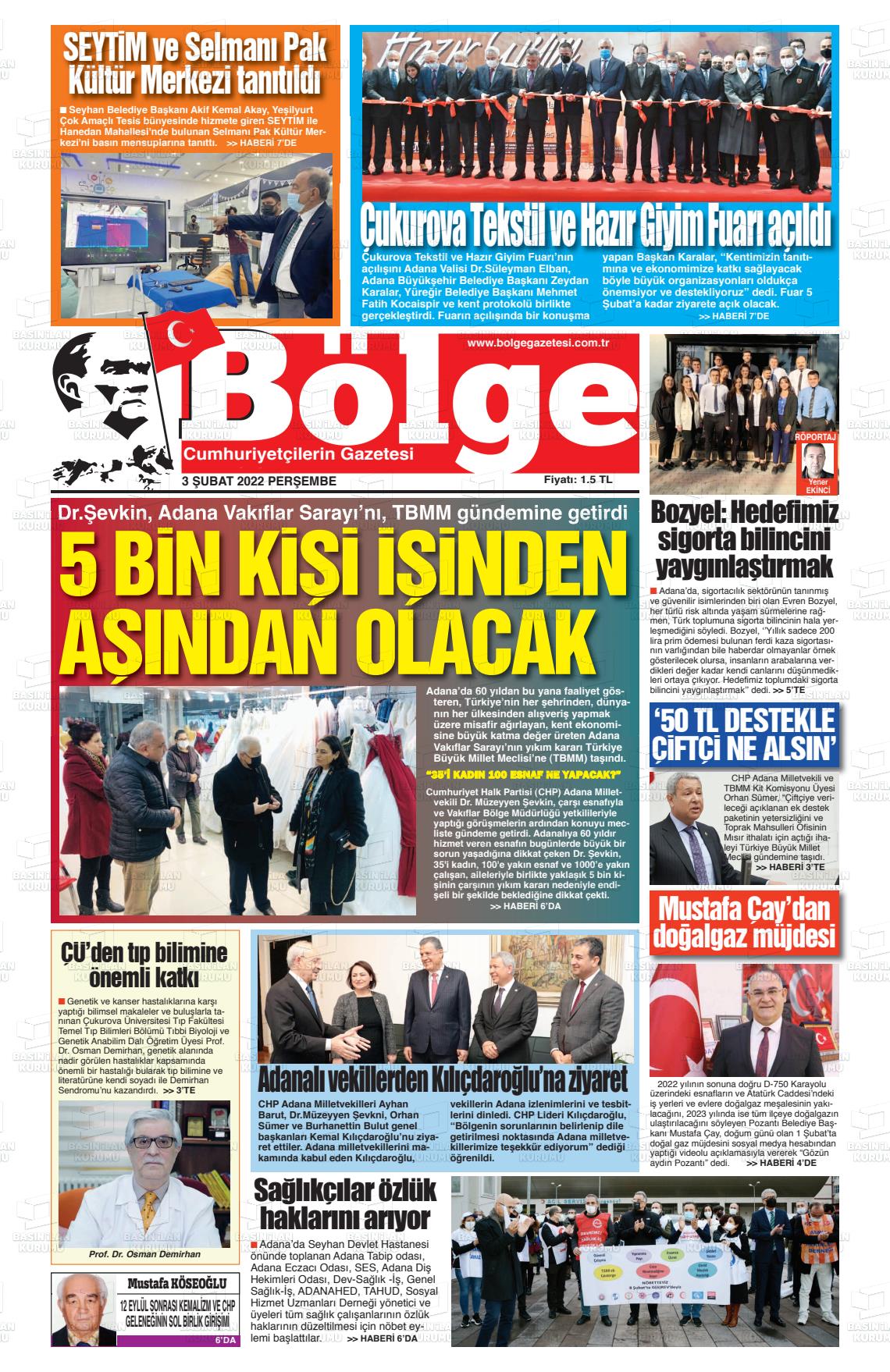 03 Şubat 2022 Adana Bölge Gazete Manşeti