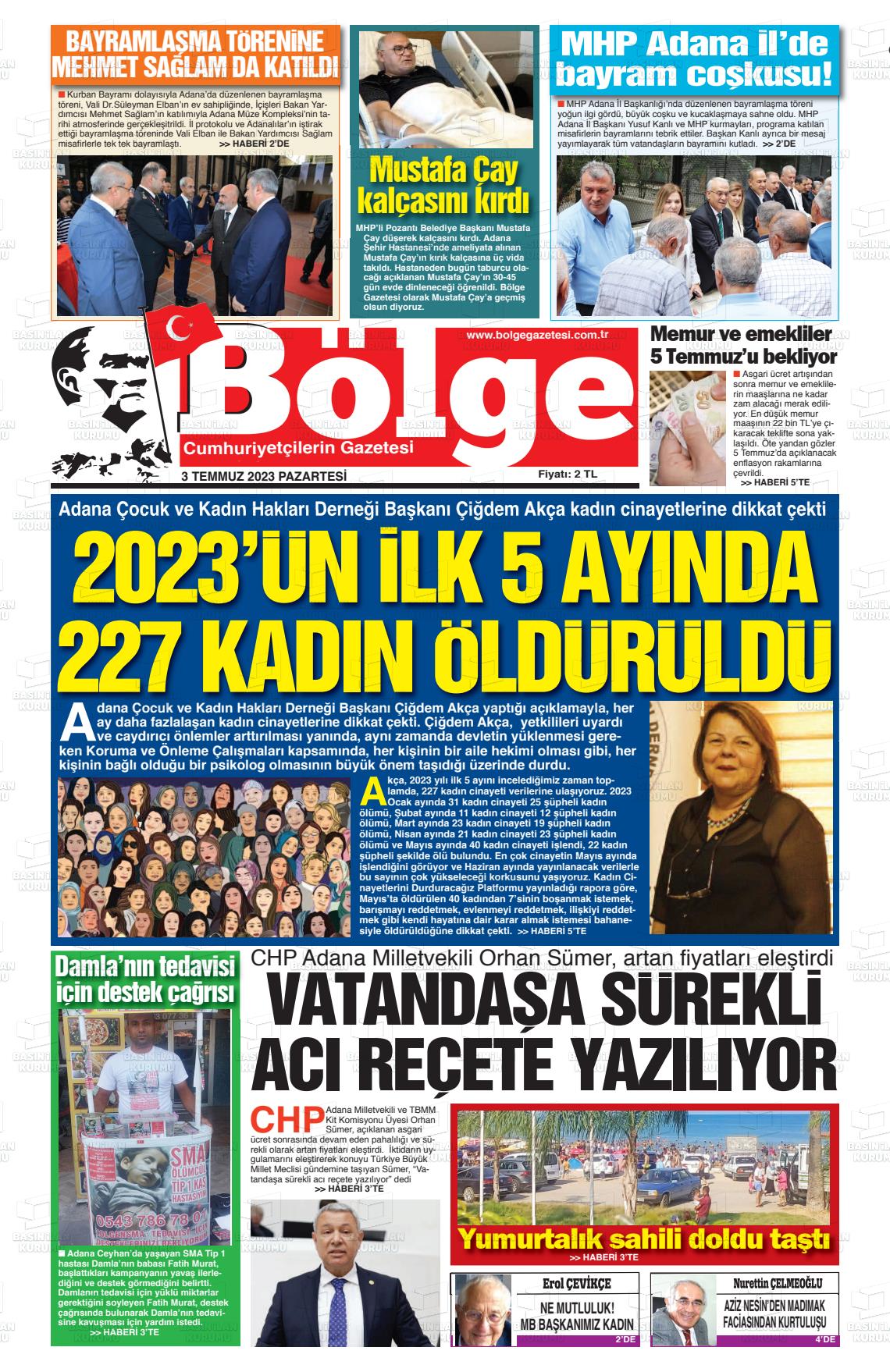 04 Temmuz 2023 Adana Bölge Gazete Manşeti