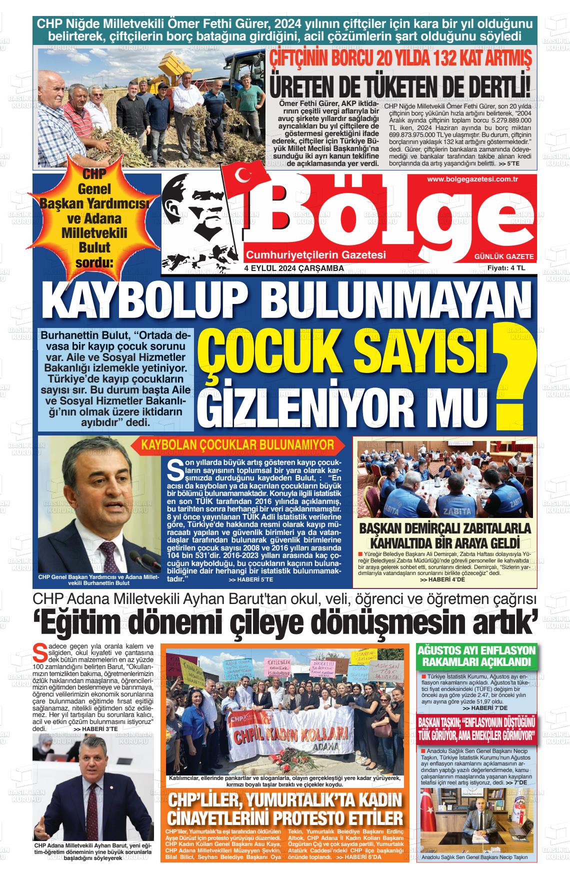 04 Eylül 2024 Adana Bölge Gazete Manşeti