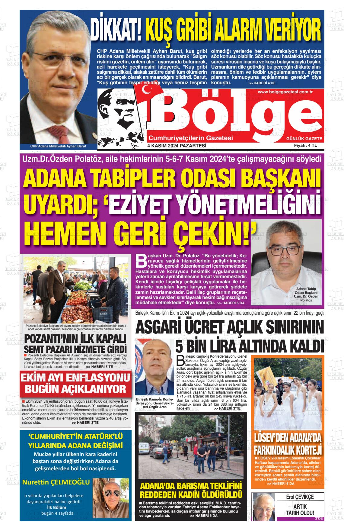 04 Kasım 2024 Adana Bölge Gazete Manşeti