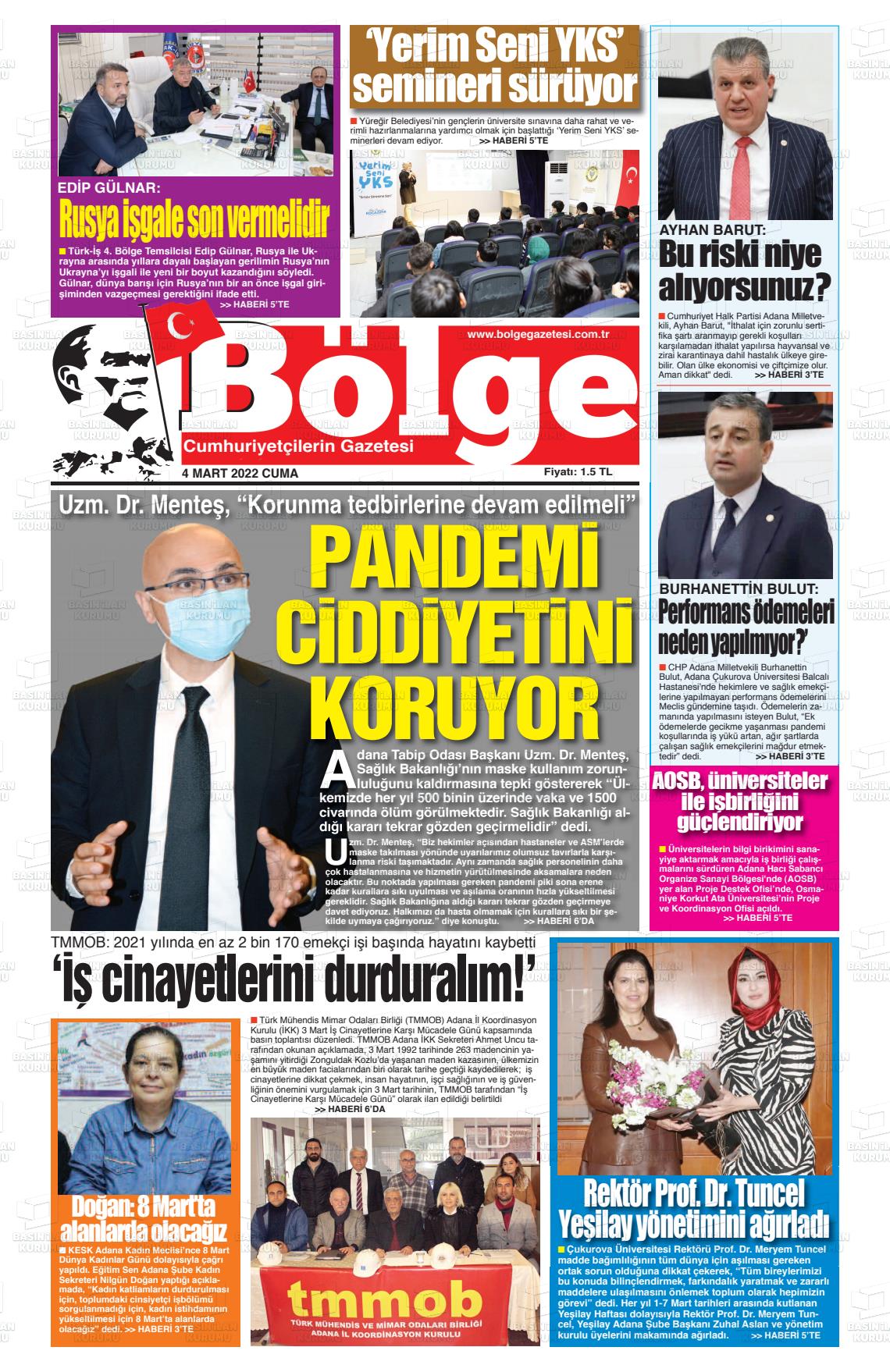 04 Mart 2022 Adana Bölge Gazete Manşeti