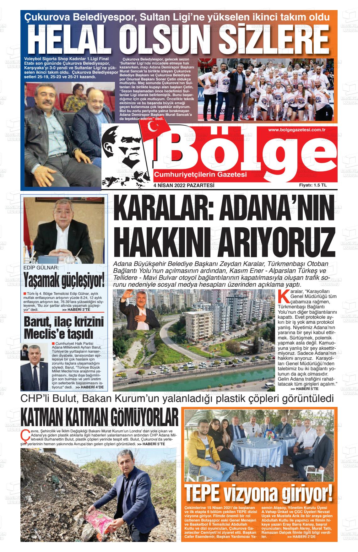 04 Nisan 2022 Adana Bölge Gazete Manşeti