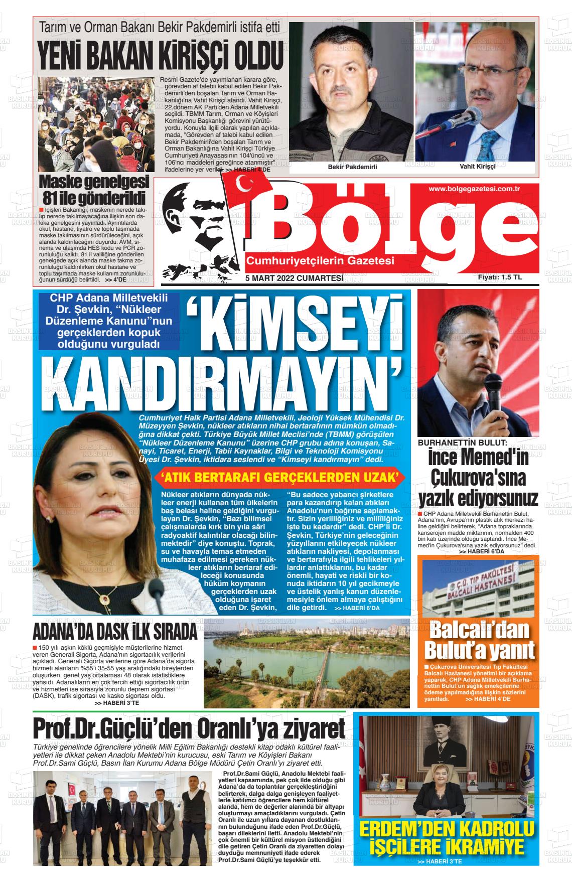 05 Mart 2022 Adana Bölge Gazete Manşeti