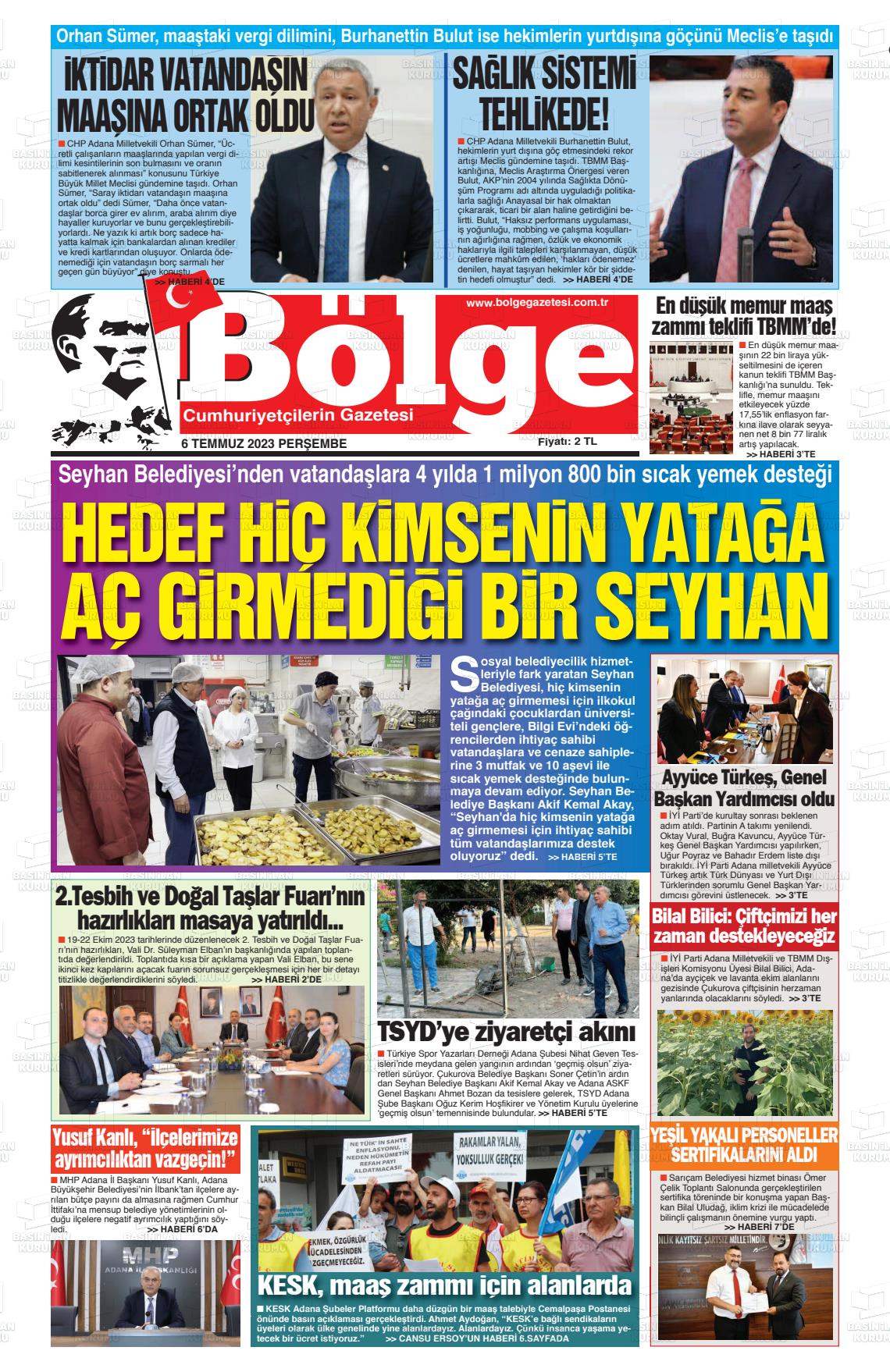 06 Temmuz 2023 Adana Bölge Gazete Manşeti