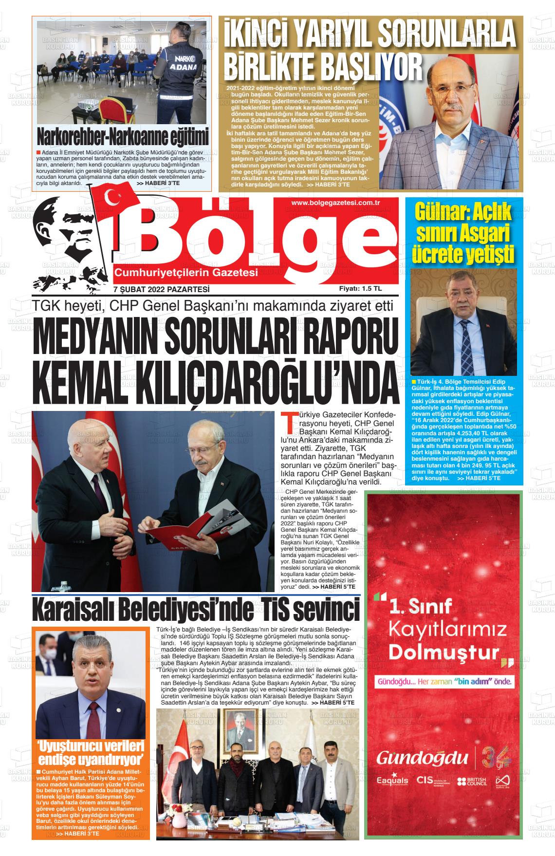 07 Şubat 2022 Adana Bölge Gazete Manşeti