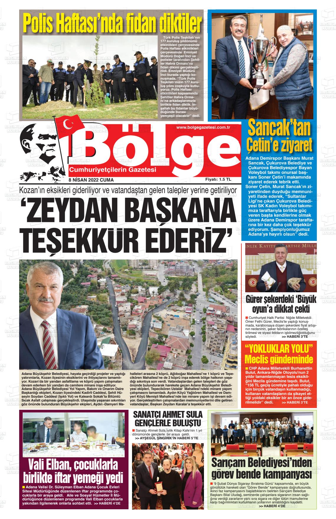 08 Nisan 2022 Adana Bölge Gazete Manşeti