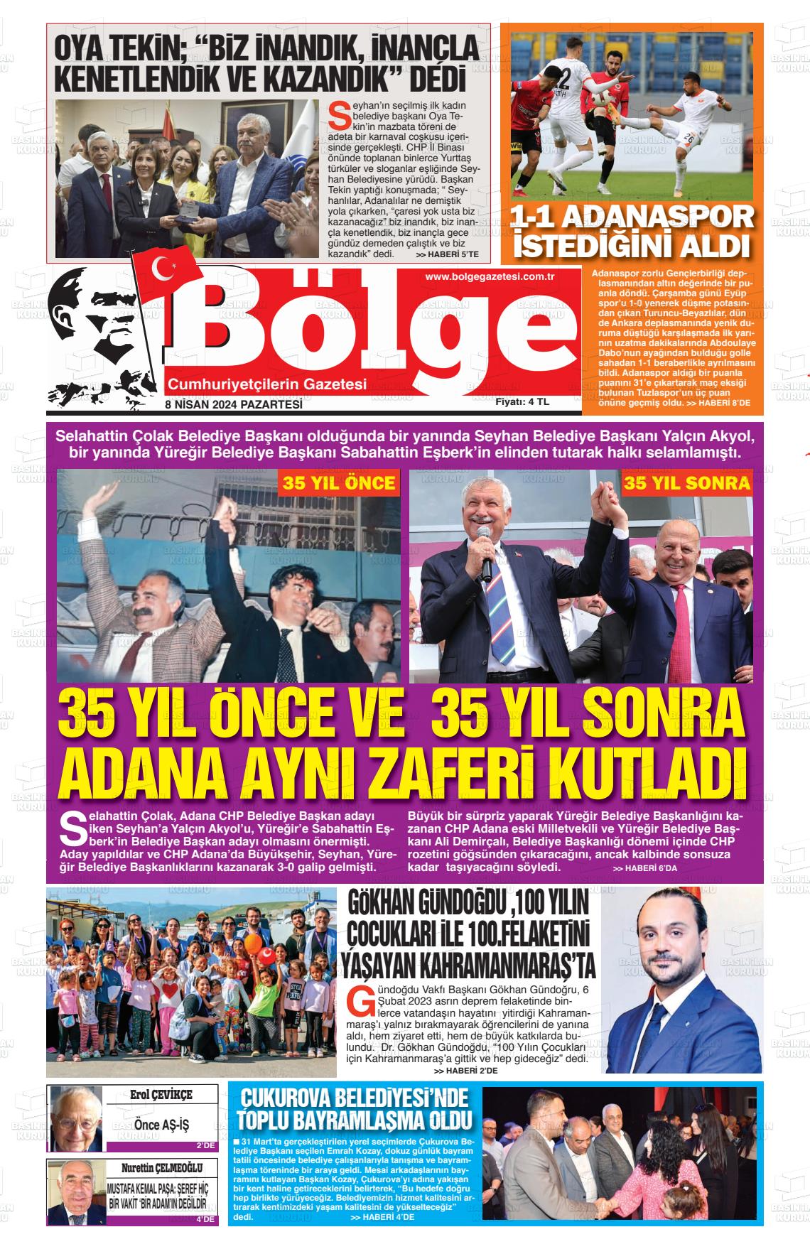 08 Nisan 2024 Adana Bölge Gazete Manşeti