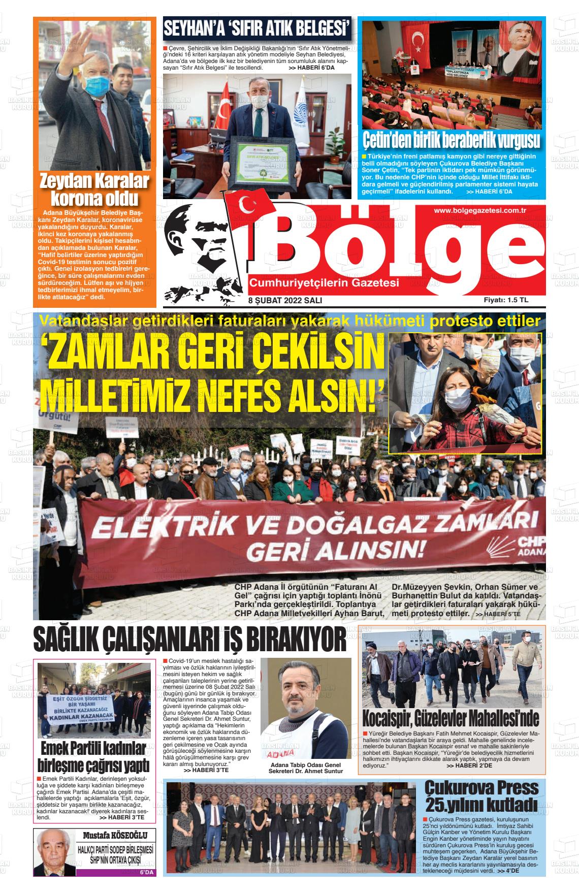 08 Şubat 2022 Adana Bölge Gazete Manşeti