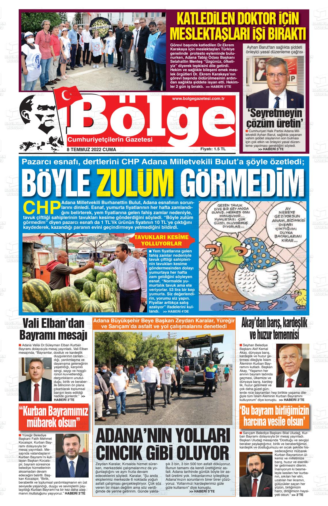 08 Temmuz 2022 Adana Bölge Gazete Manşeti