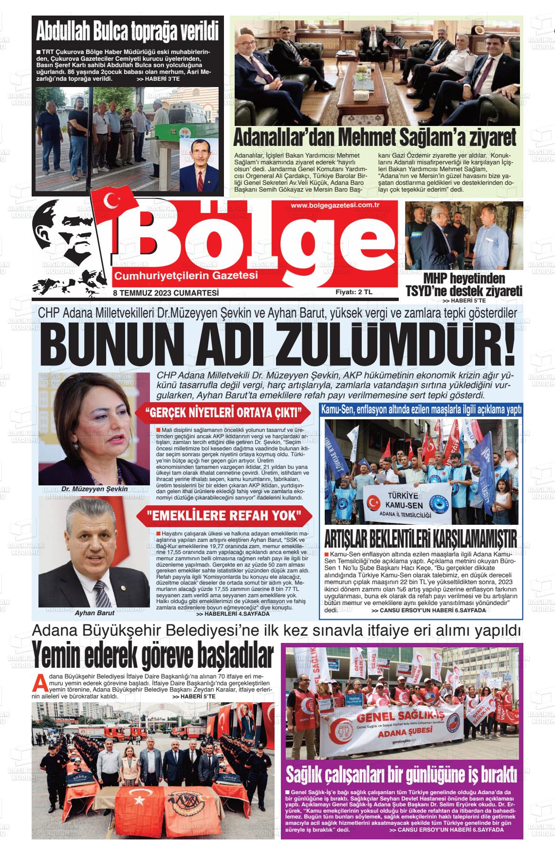 08 Temmuz 2023 Adana Bölge Gazete Manşeti