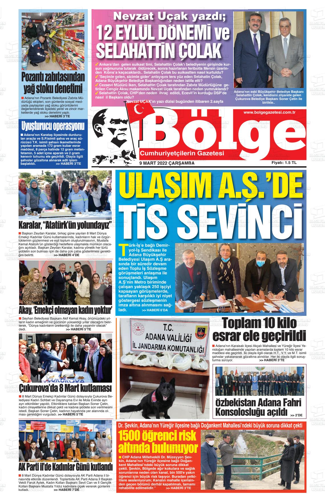 09 Mart 2022 Adana Bölge Gazete Manşeti