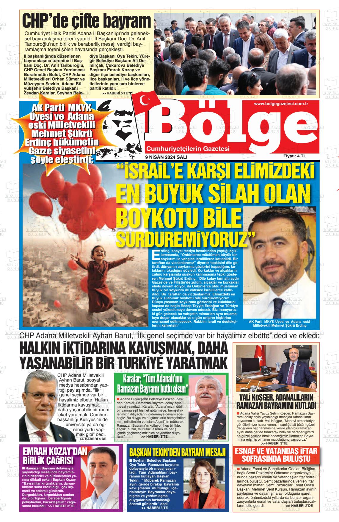 09 Nisan 2024 Adana Bölge Gazete Manşeti