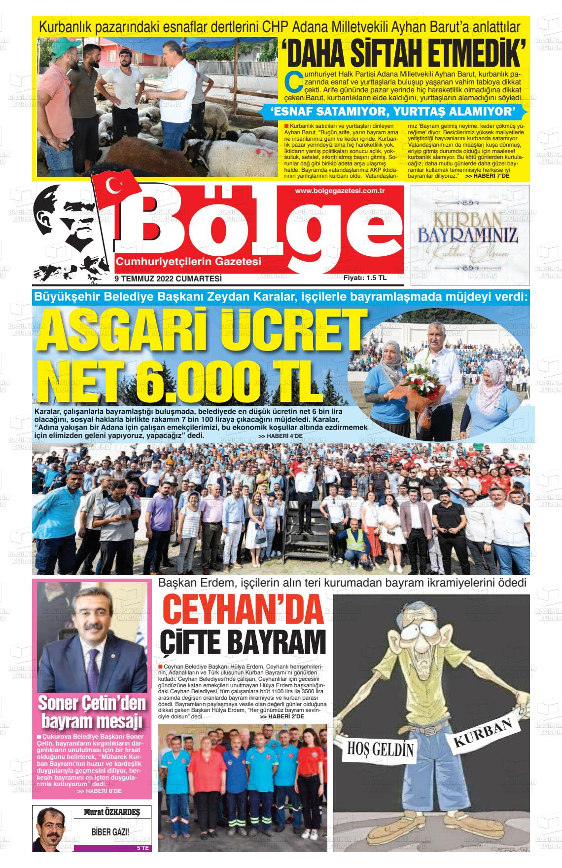 09 Temmuz 2022 Adana Bölge Gazete Manşeti