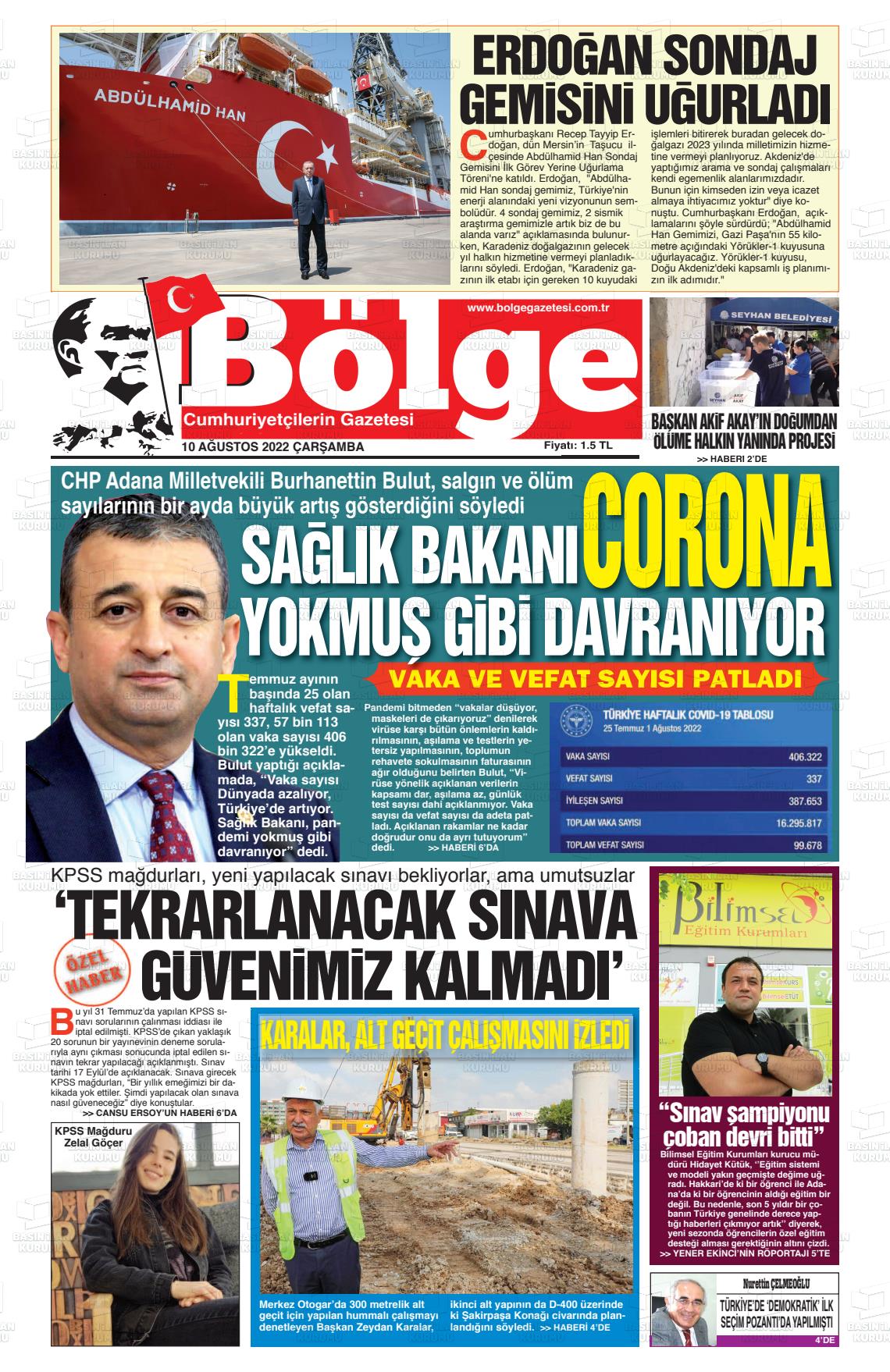 10 Ağustos 2022 Adana Bölge Gazete Manşeti