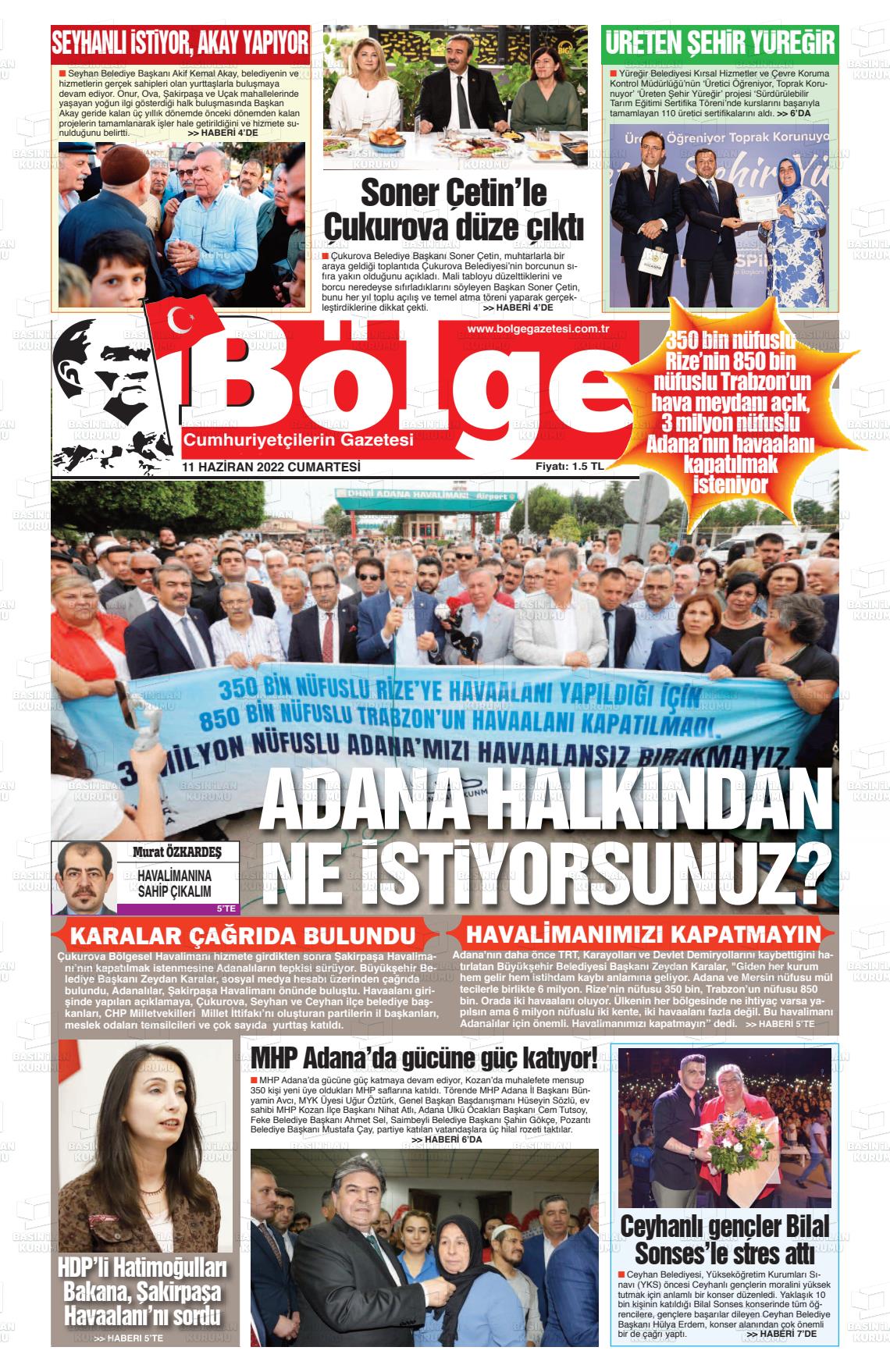 11 Haziran 2022 Adana Bölge Gazete Manşeti