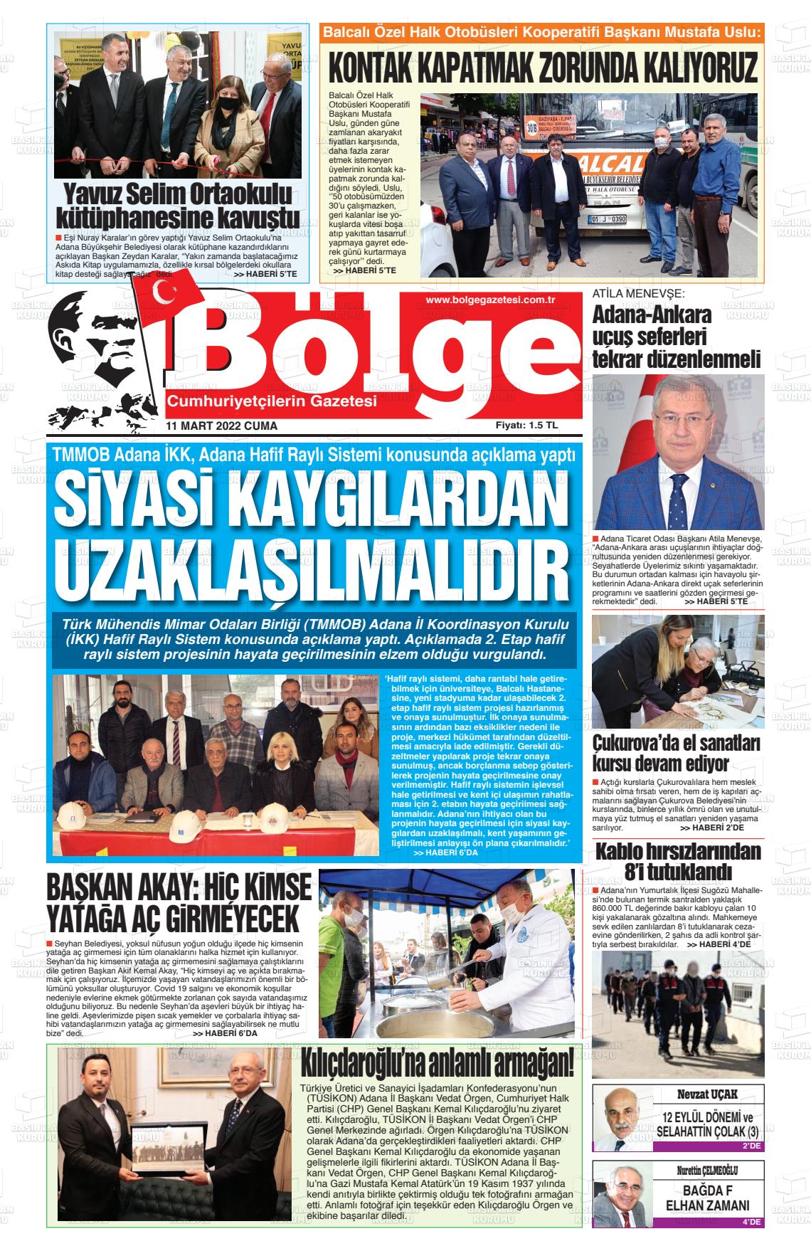 11 Mart 2022 Adana Bölge Gazete Manşeti