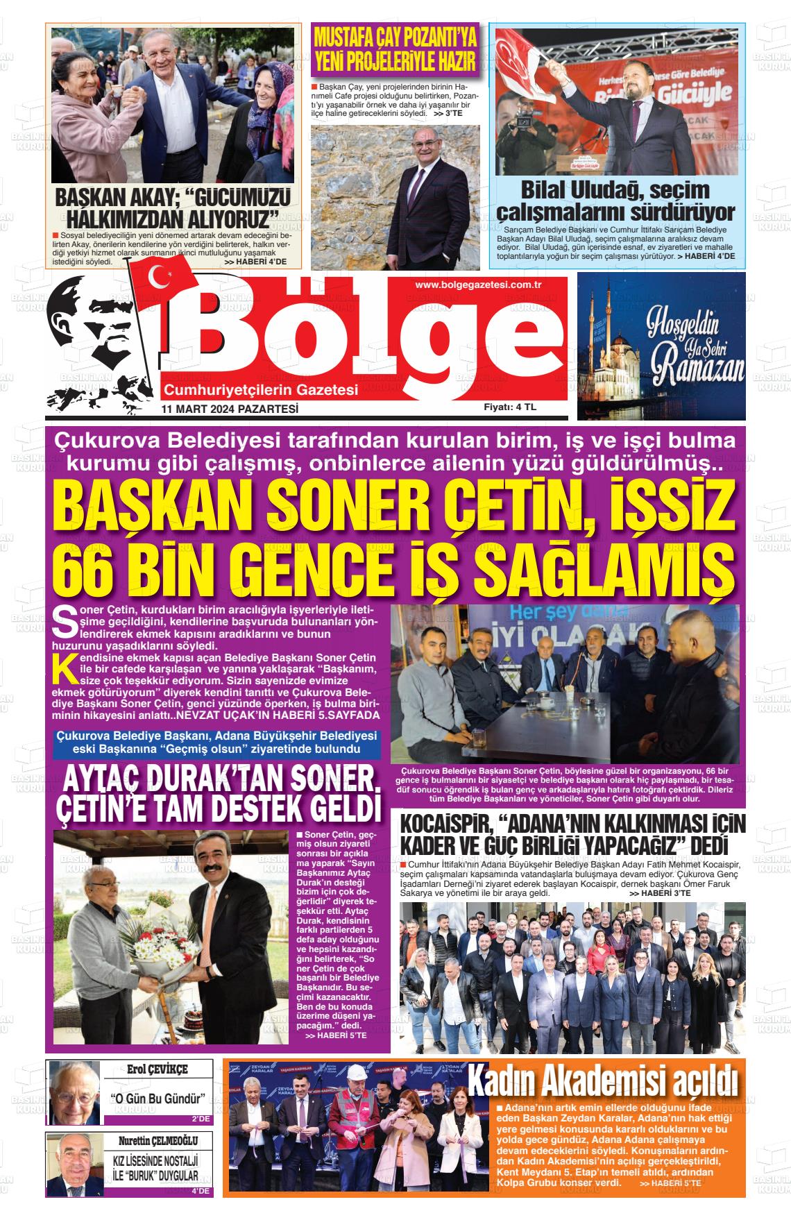 11 Mart 2024 Adana Bölge Gazete Manşeti