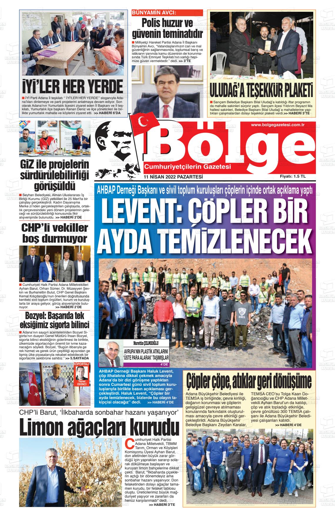 11 Nisan 2022 Adana Bölge Gazete Manşeti